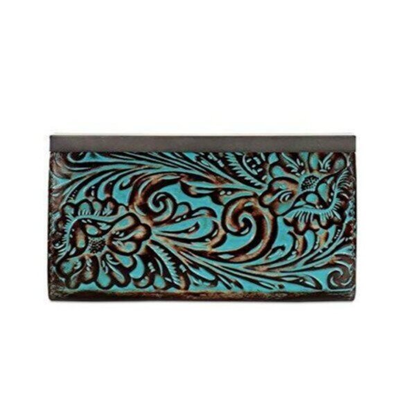 Patricia Nash Wallet Leather Framed Turquoise Cauchy Tooled - Picture 4 of 10